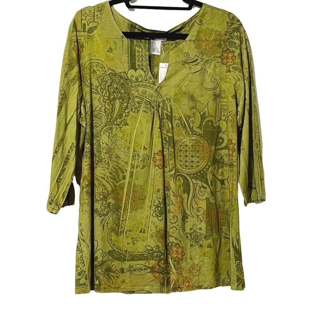 Dressbarn NWT women’s size 1X green print Boho v neck 3/4 sleeve top